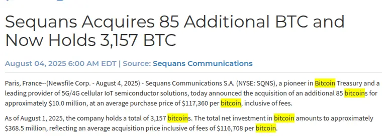 미국 주식 상장 회사 Sequans가 85개의 비트코인을 추가로 매입하여 총 보유량이 3157개에 이르렀습니다