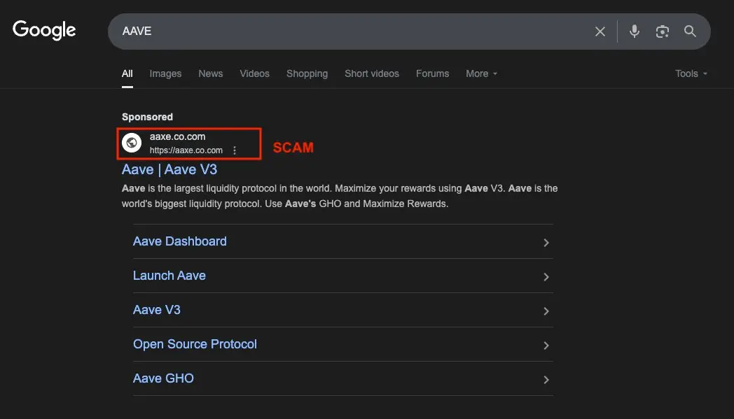 PeckShield：谷歌搜索 “Aave” 排名首位的结果为钓鱼网站，请勿进行交互
