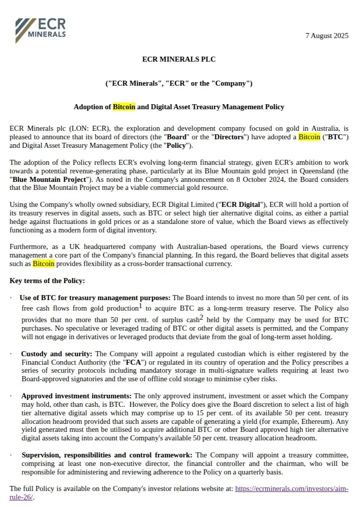 ECR Minerals 宣布採用比特幣及數字資產財庫管理策略