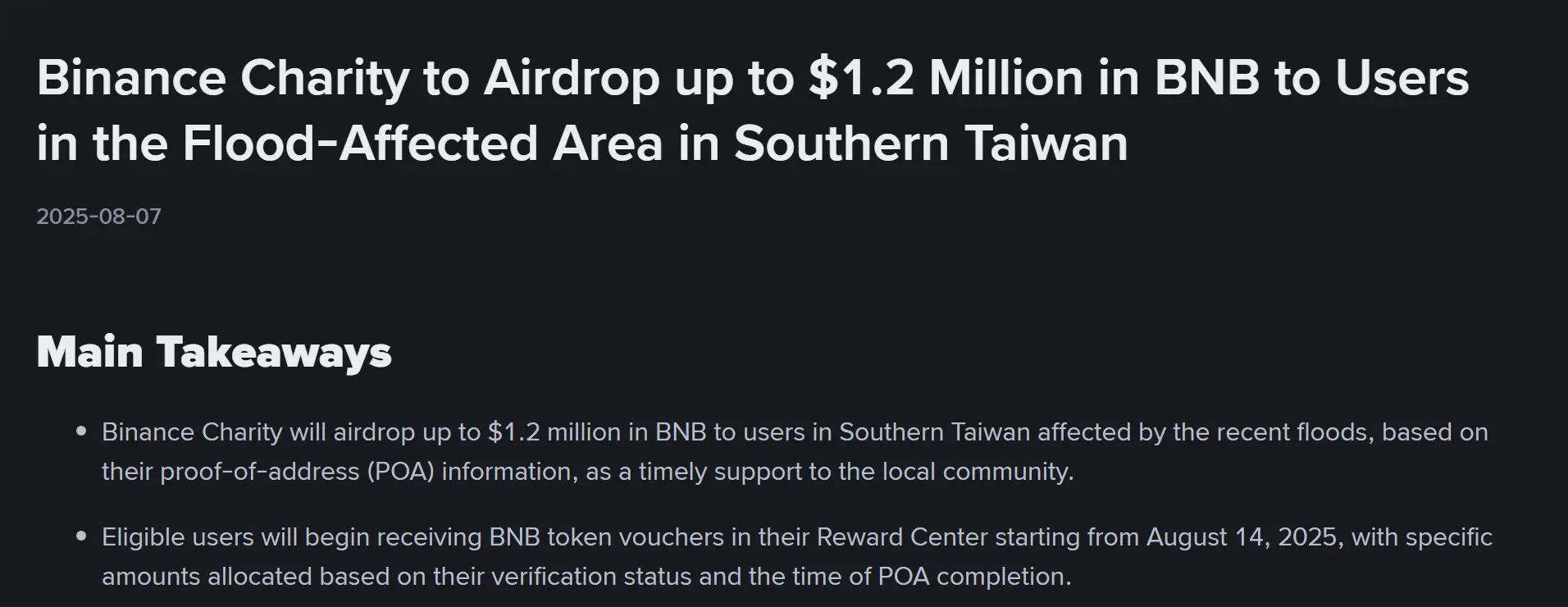 Binance Charity will airdrop up to 1.2 million USD in BNB to users in the flood-affected areas of southern Taiwan