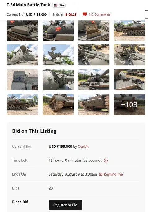 Ourbit SuperCEX는 T-54 주전차 경매에 15.5만 달러를 제안했으며, 경매 결과는 내일 발표됩니다