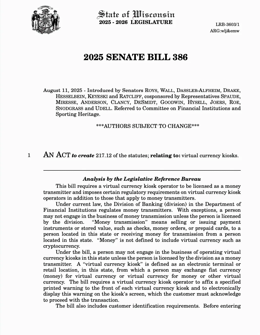 Wisconsin plans to introduce a new bill SB386: Bitcoin ATMs will be required to implement KYC verification and set a $1,000 transaction limit