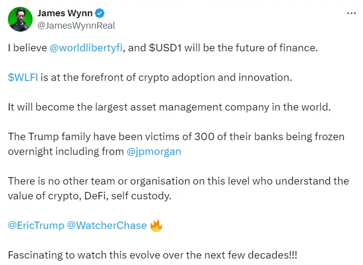 ジェームズ・ウィン：WLFI と USD1 は金融の未来になる