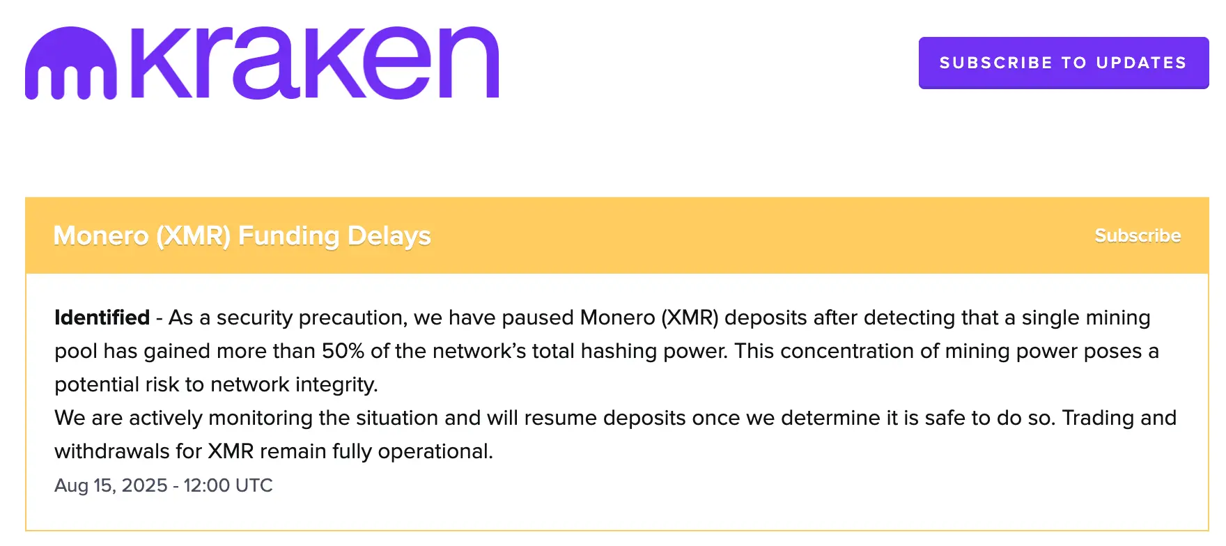 Krakenは51%攻撃のためモネロの入金を一時停止しました。