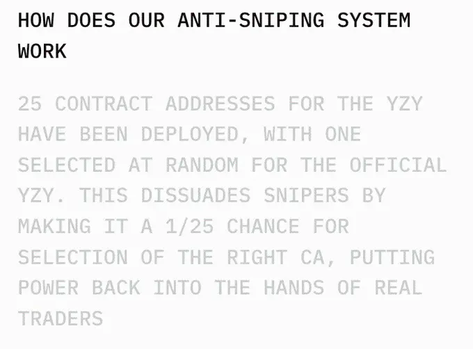 YZYトークンの契約アドレスは、チームが展開した25のアドレスの中からランダムに選定されます。