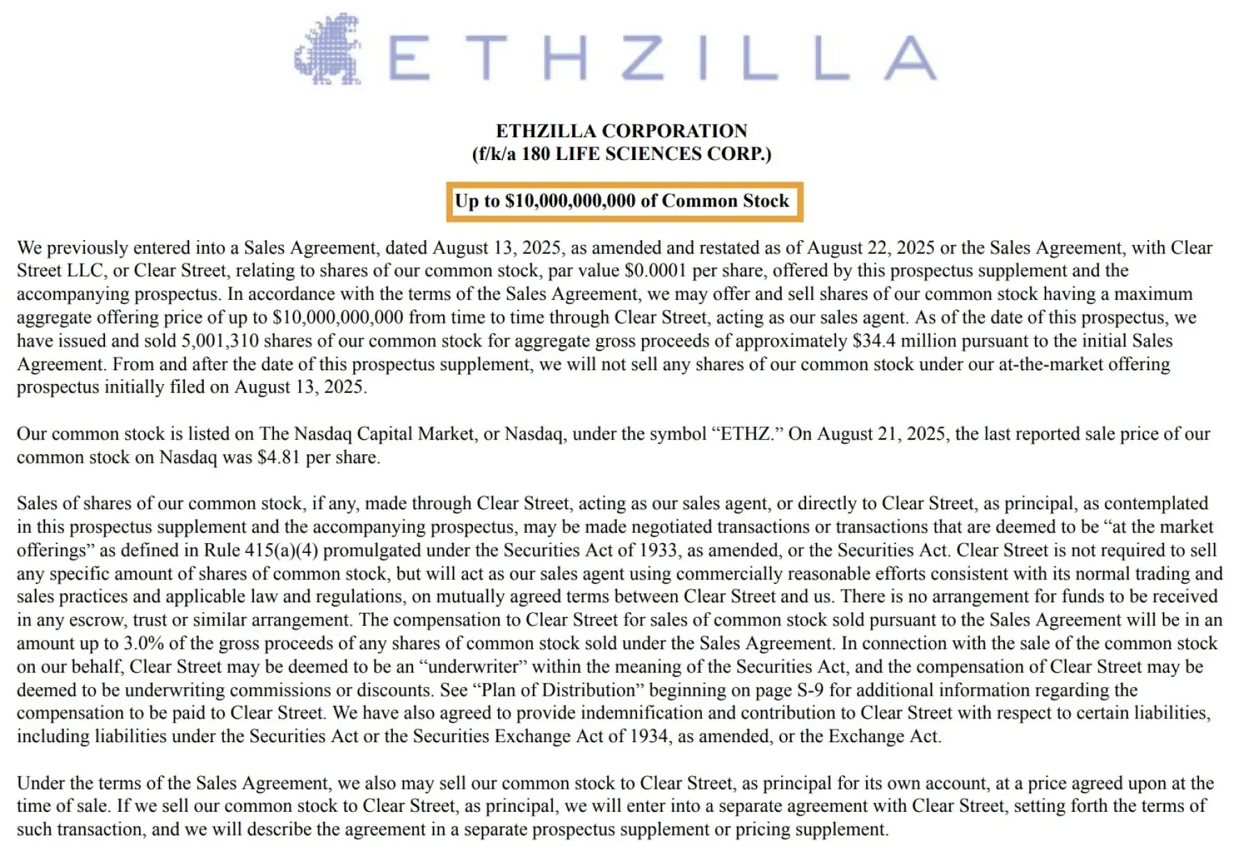 ETHZillaは、株式発行による資金調達規模を100億ドルに引き上げ、ETHの保有を継続的に増加させることを計画しています。