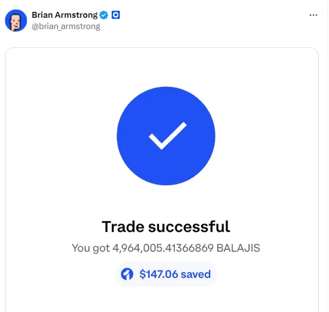 Coinbase CEO 晒出买入约 496.4 万枚 BALAJIS 代币的交易图