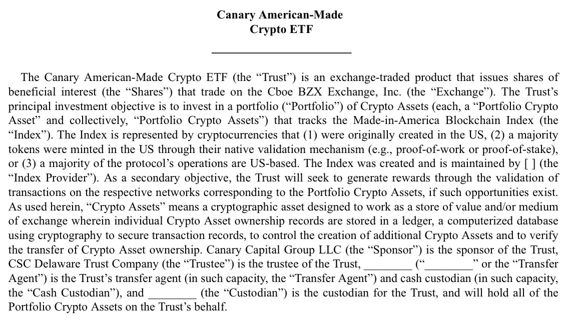 시장 소식: Canary Capital이 미국 SEC에 Canary American-Made Crypto ETF 신청서를 제출했습니다
