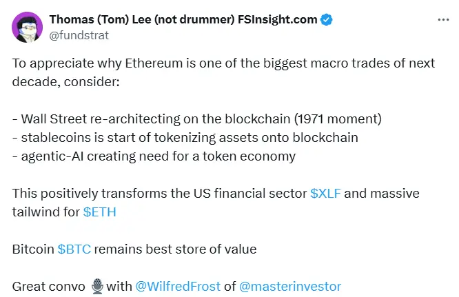 Tom Lee：ETH 是未來十年最大的宏觀交易之一，BTC 仍是最佳價值儲存手段