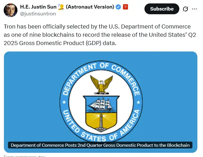 波场 TRON이 미국 2분기 GDP 데이터 발표를 위한 9대 블록체인 중 하나로 성공적으로 선정되었습니다