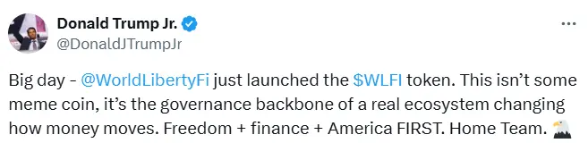Trump's eldest son: WLFI is online, and it is the governance pillar of the ecosystem
