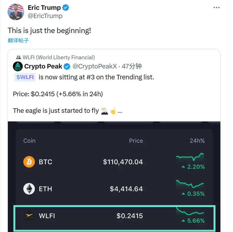 에릭 트럼프가 WLFI 상장 첫날 거래 성과를 리트윗하고 댓글을 달았다: 이것은 시작에 불과하다