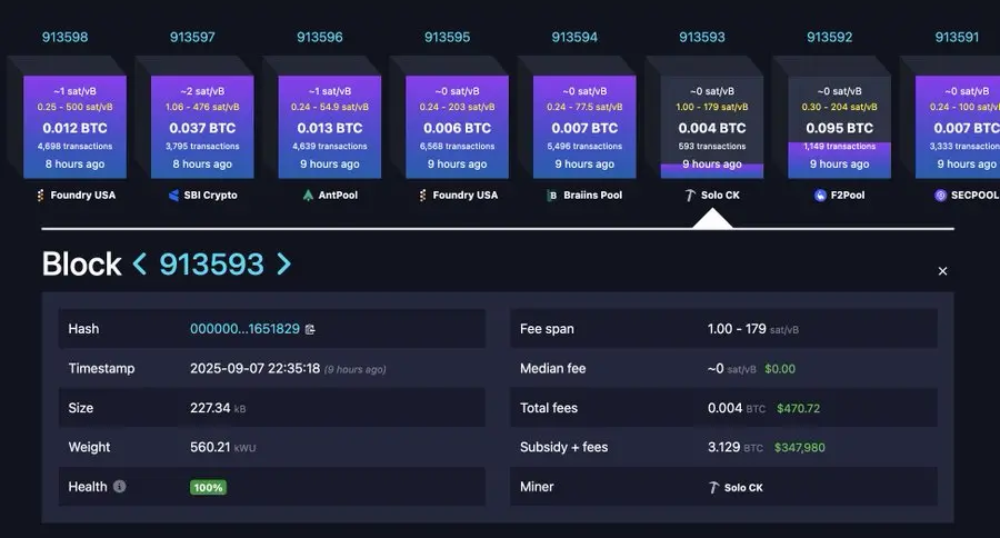 數據：某獨立礦工成功打包區塊，賺取 3.147 枚 BTC