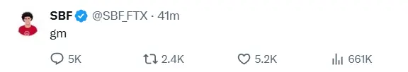 FTXの創設者SBFが半年ぶりにツイート「gm」