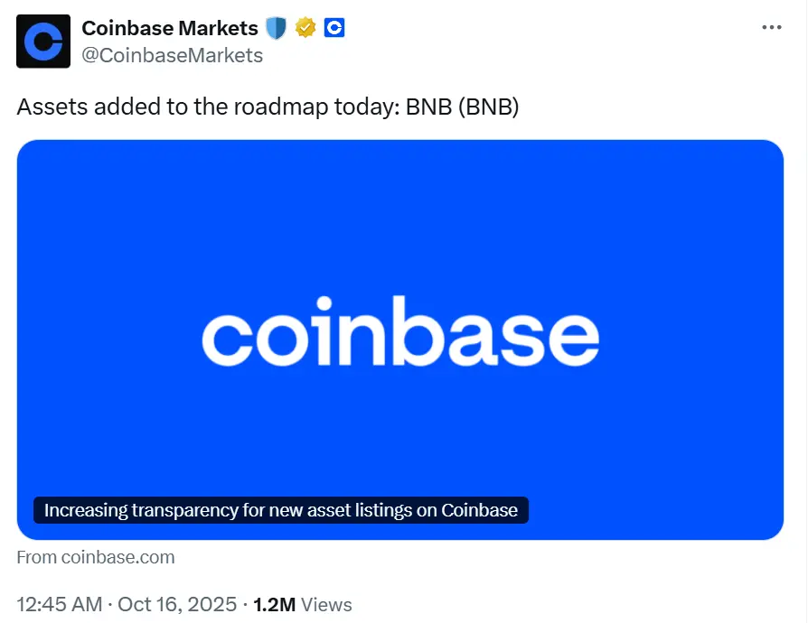 Coinbase가 BNB를 상장 로드맵에 추가했습니다