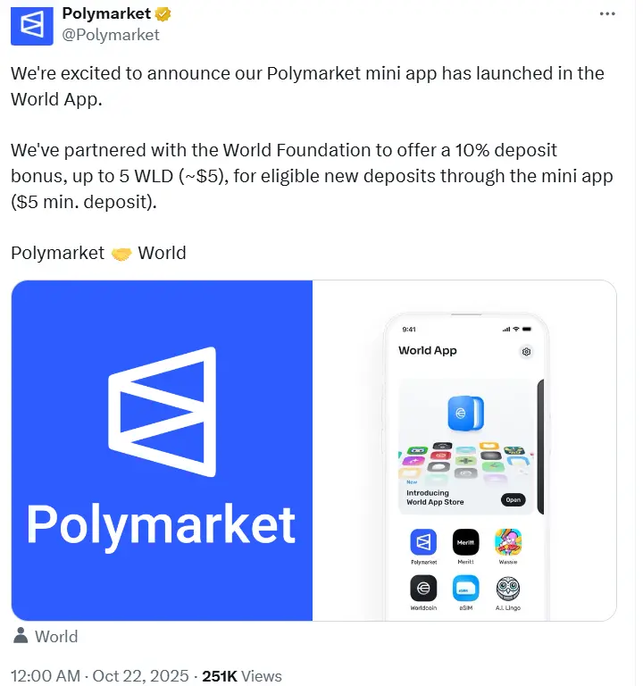 Polymarket Mini App 已在 World App 上線