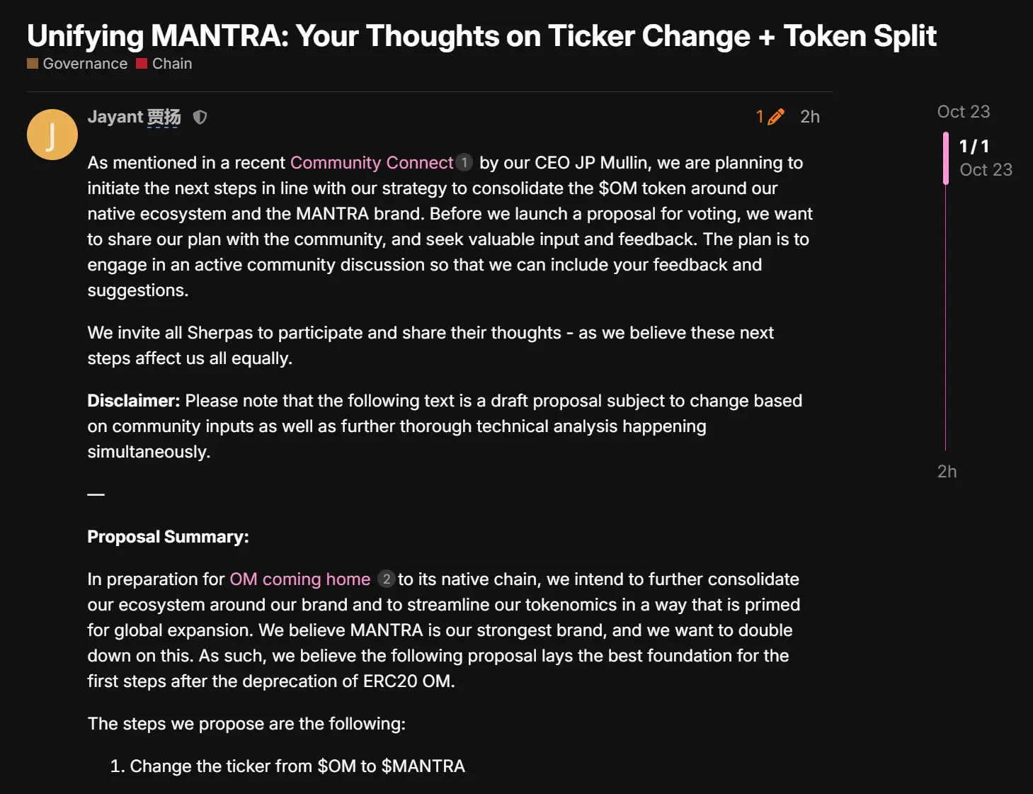The MANTRA new proposal plans to rename OM to MANTRA and implement a 1:4 token split