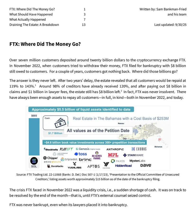 SBF X account post: FTX has never gone bankrupt, and about 98% of creditors have received 120% of their payments