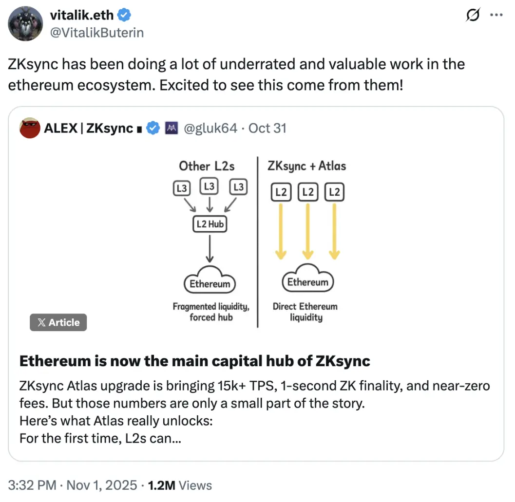 Vitalik praised ZKsync, which has long created the fastest zkVM
