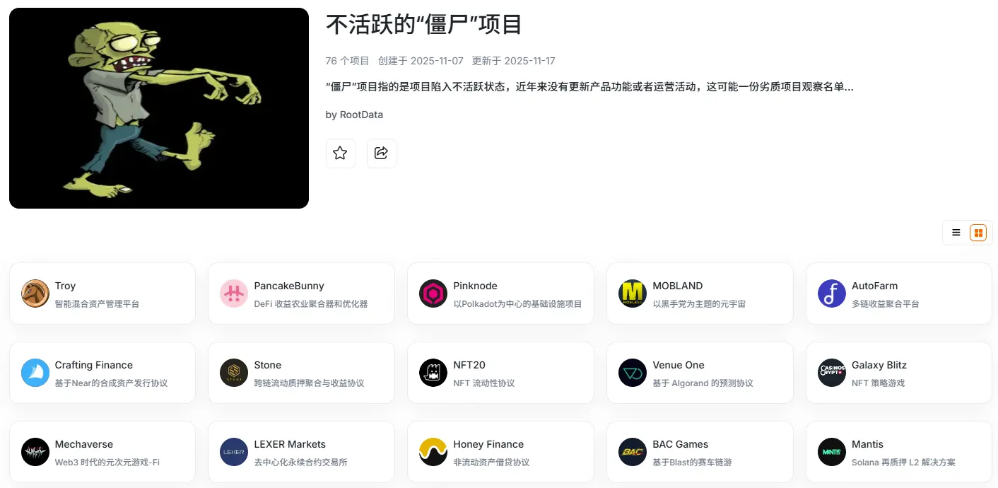 RootData 发布"僵尸项目"合辑，将定期披露不活跃的加密项目