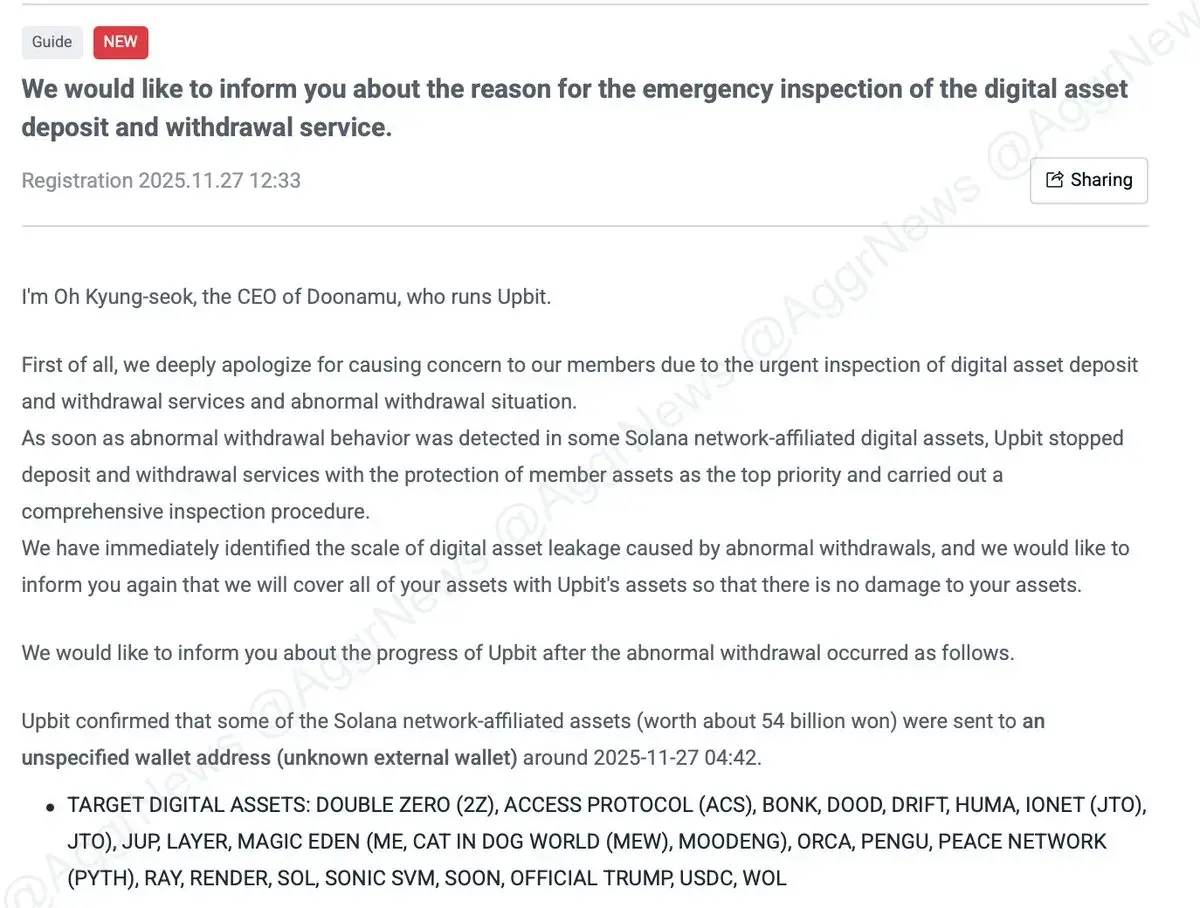 Upbit：其 Solana 网络遭受 540 亿韩元黑客攻击，将弥补所有客户损失