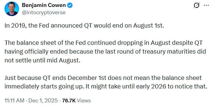 分析：美联储结束 QT 并不意味着资产负债表会立即回升，或要等到 2026 年初