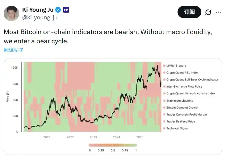 CryptoQuant CEO: 비트코인 체인 상 지표 대부분이 하락세이며, 거시적 유동성 지원이 없으면 약세로 전환할 것이다
