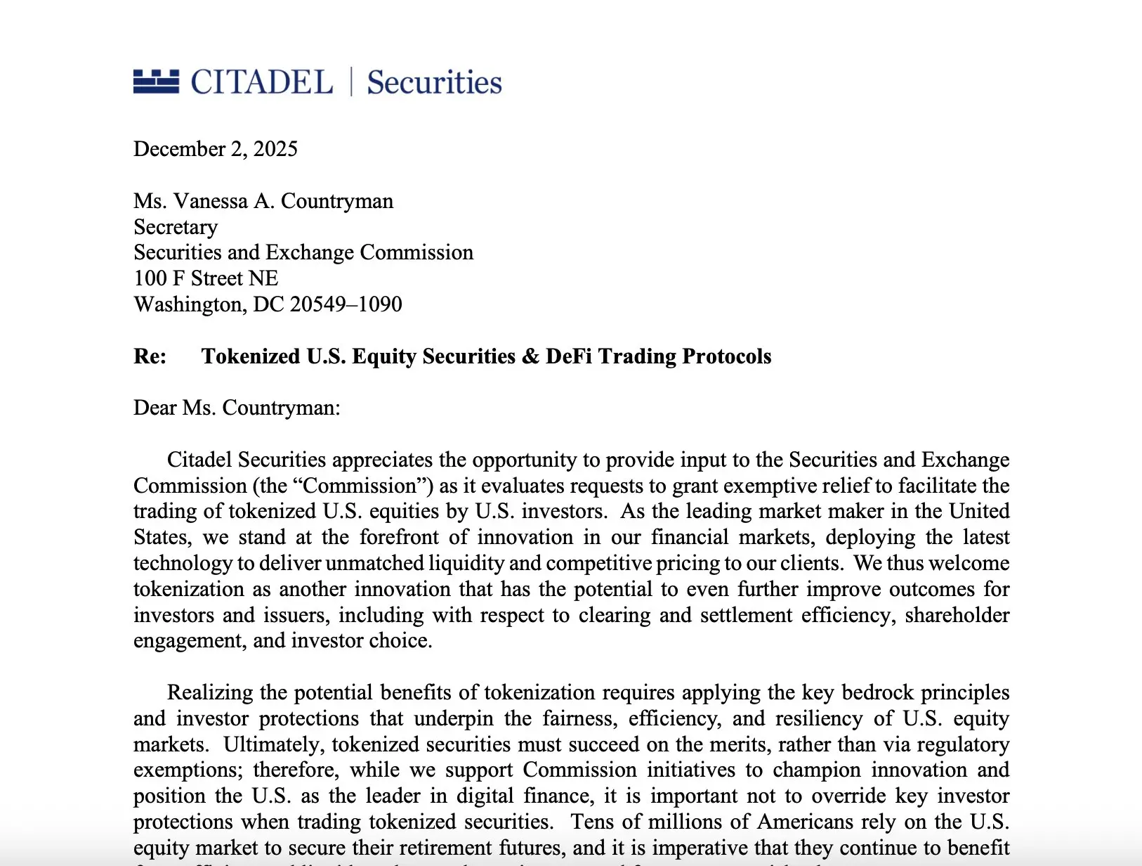Citadel wrote to the SEC, calling for stronger regulation of tokenized assets and DeFi