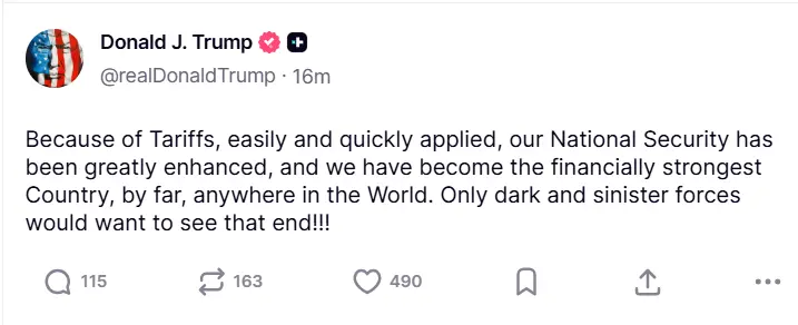 特朗普為關稅政策強硬辯護，稱最高法院若作出不利裁決將是“歷史性威脅”