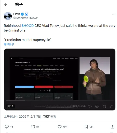 로빈후드 CEO: 우리는 예측 시장 슈퍼 사이클의 시작에 있습니다