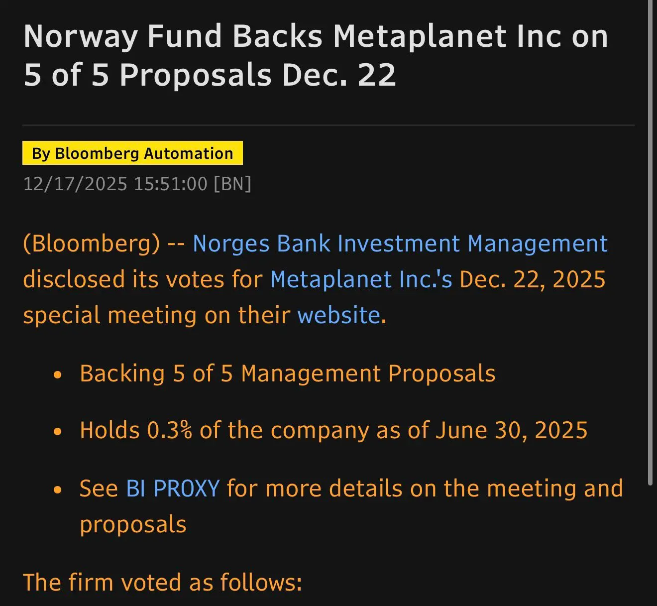 挪威主權財富基金在股東大會上支持 Metaplanet 全部管理層提案