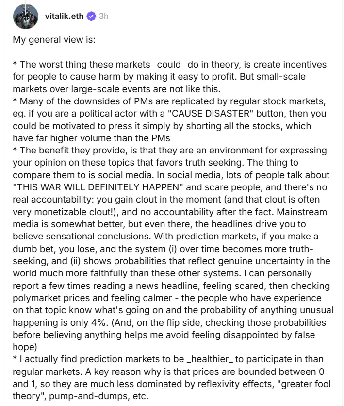 Vitalik：预测市场是社交媒体的“解药”，可提供更具理性与责任感的公众意见聚合