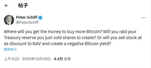 Peter Schiff questions the source of funds for Strategy's Bitcoin accumulation: whether to use reserves or sell shares at a discount