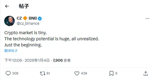 CZ：加密貨幣市場規模很小，潛力巨大