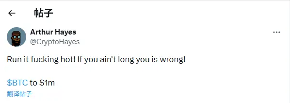 Arthur Hayes，BTC 将达到 100 万美元