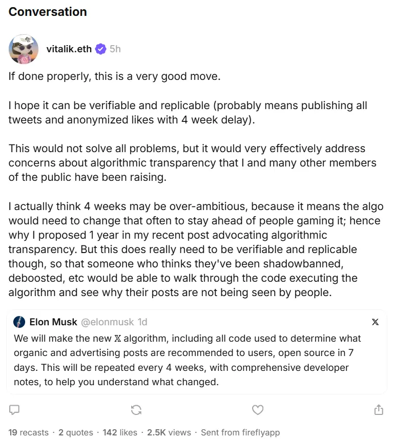 Vitalik：X 平台算法开源是非常好的举措，算法需要可验证和可复现