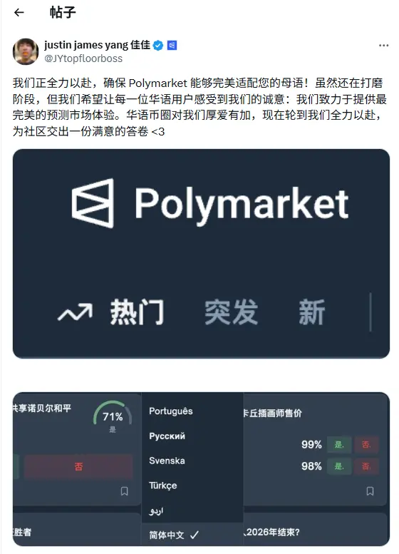 Polymarket는 중국어 버전을 포함한 다국어 버전을 개발하고 있습니다