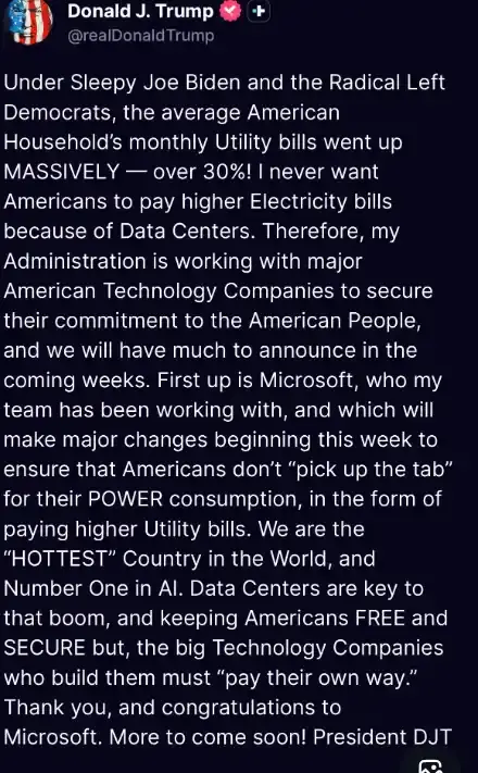 特朗普：美国大型科技公司须“自行承担”数据中心飙涨的运营成本，微软将是第一个