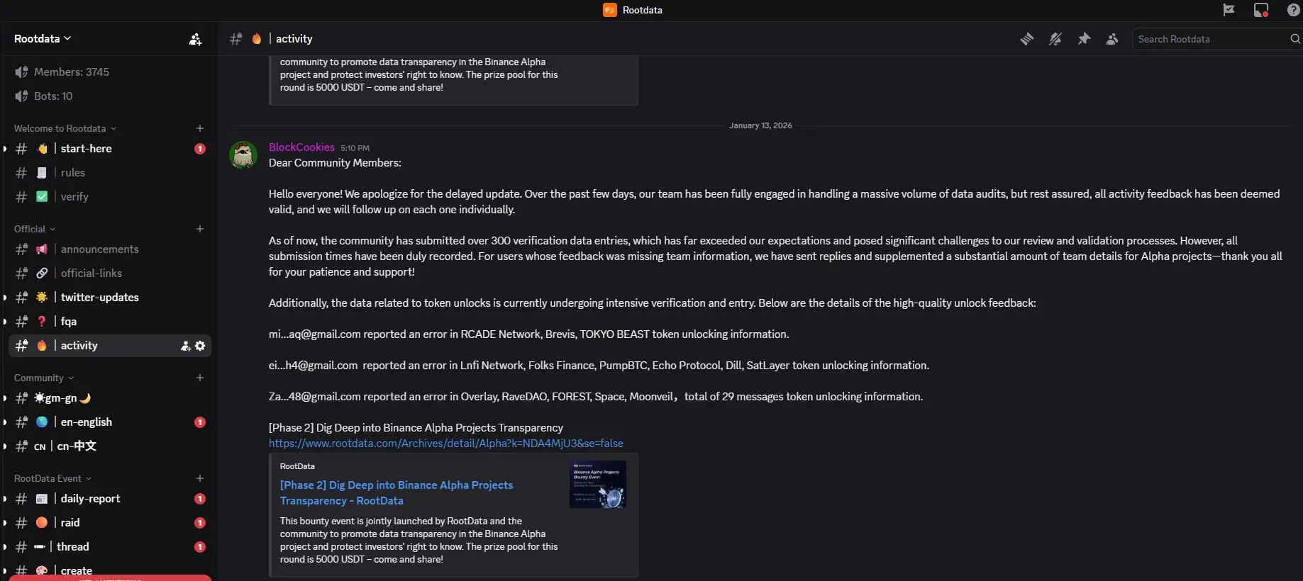 RootData 第2期の懸賞活動が盛況で、すでに300件以上のバイナンス Alpha プロジェクトチームおよびアンロック情報のフィードバックを受けています。