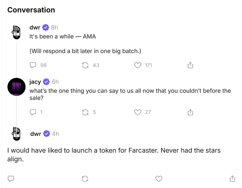 Farcasterの創設者：トークンを発行したいと考えていたが、適切なタイミングを待っているうちに実現しなかった。