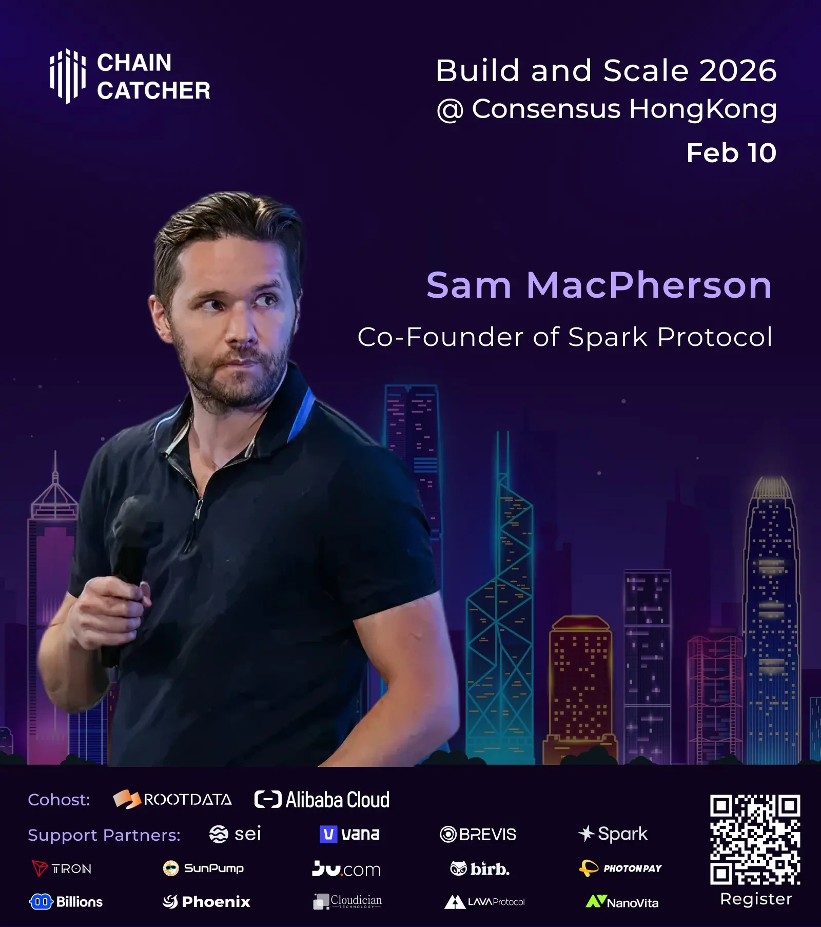 Sam MacPherson, co-founder of Spark Protocol, confirmed attendance at the ChainCatcher Hong Kong forum themed