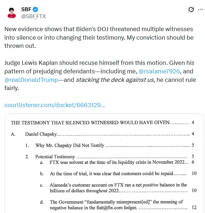 SBF account post: New evidence shows that the Biden administration's Department of Justice threatened witnesses to withdraw convictions