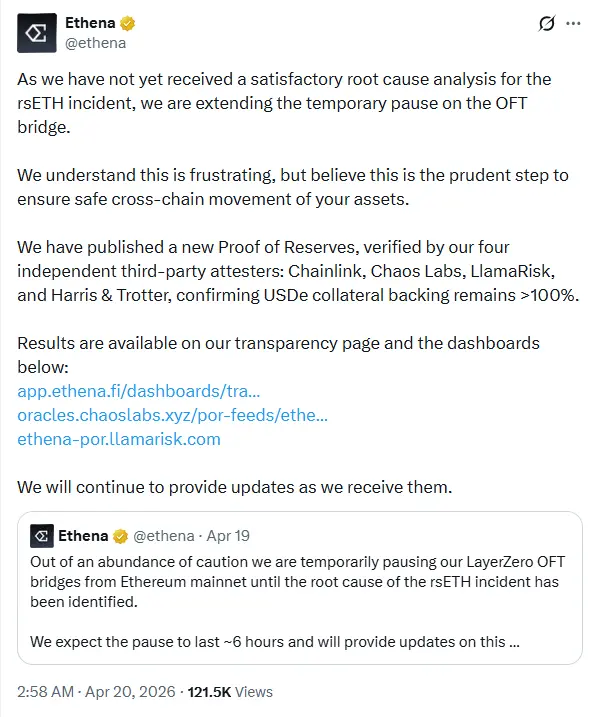 Ethena: The root cause analysis of the rsETH incident has not yet been received, and the temporary suspension period of the OFT bridge will be extended