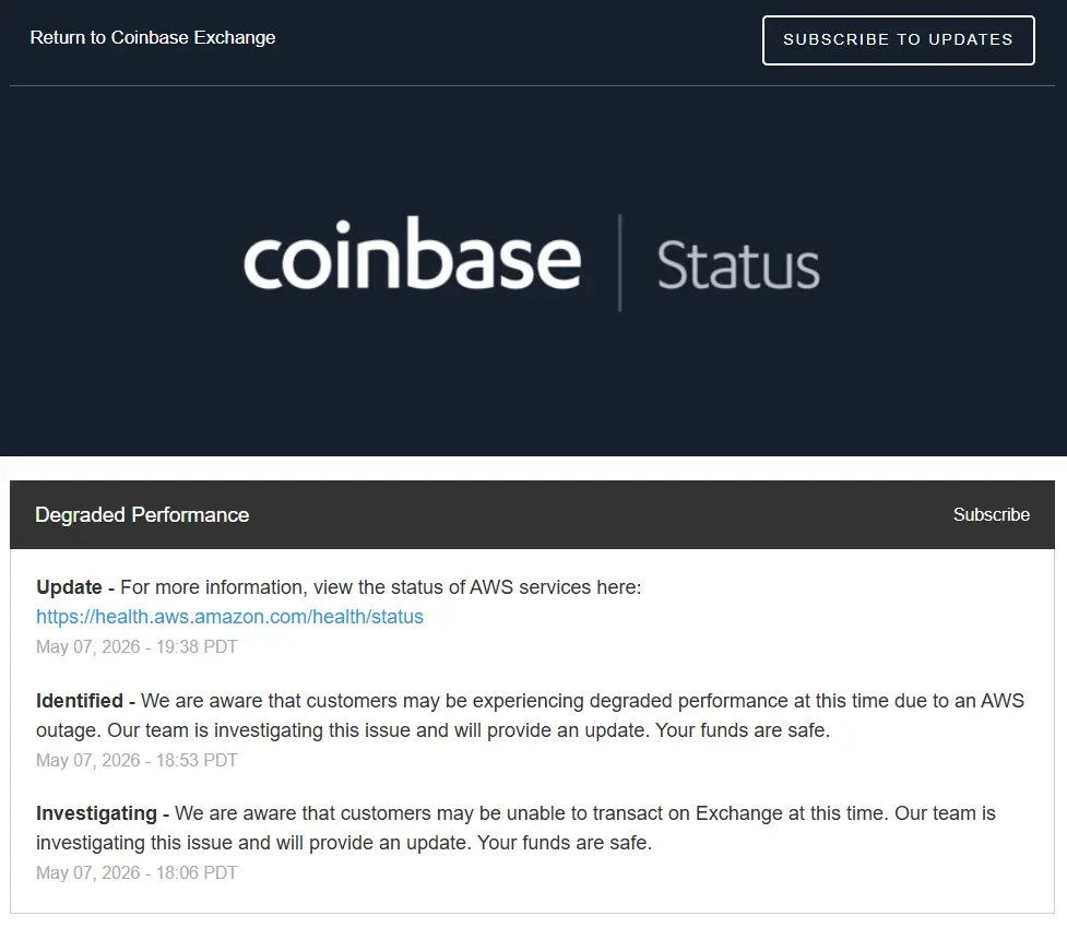 Coinbase exchange was down for over 2 hours