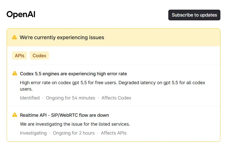 OpenAI's multiple services experienced failures affecting API and Codex usage