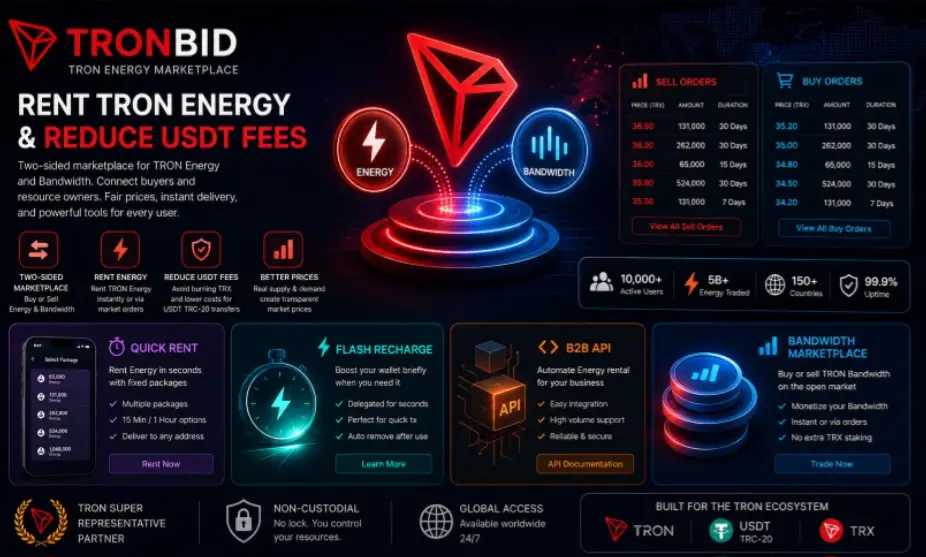 TronBid 双向市场开启:租 Energy,省 USDT 手续费