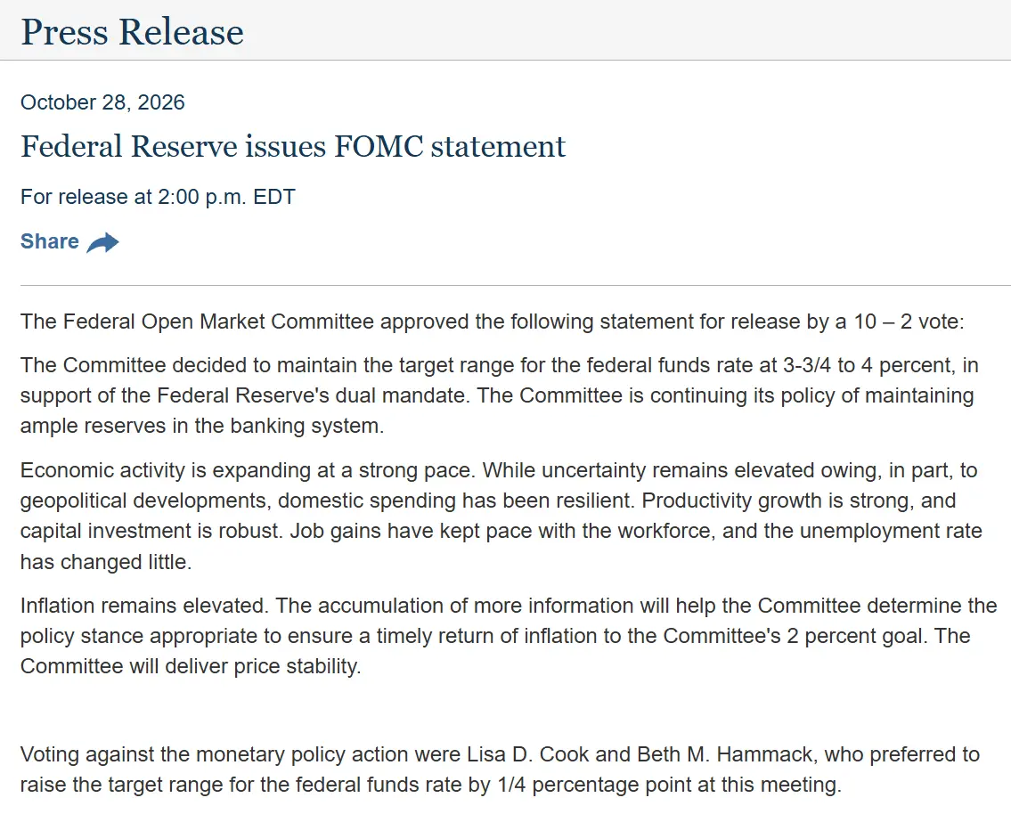 Full statement from the Federal Reserve: Interest rates unchanged, two members support rate hike