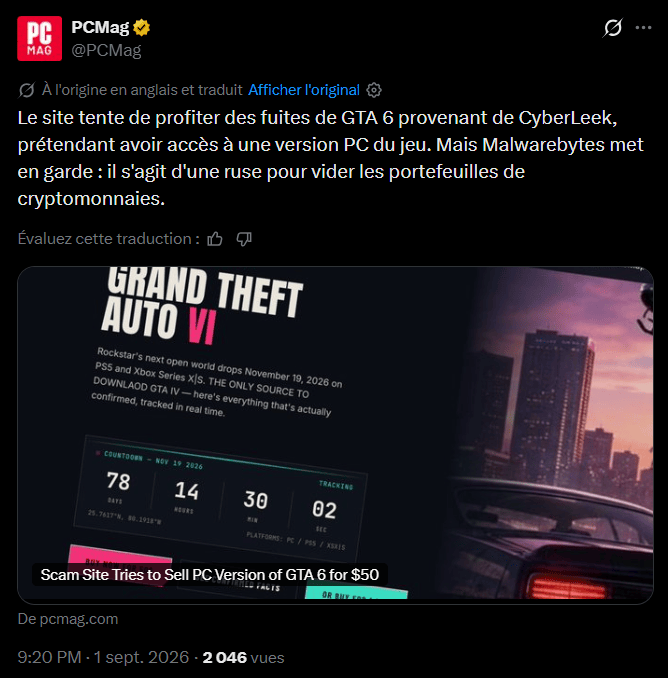 Le site reprend l’apparence d’une page de fans consacrée à GTA 6, jusqu’aux visuels officiels et aux informations exactes sur sa sortie. Entre deux tuiles de gameplay, il propose d’acheter une copie « leakée » du jeu pour 50 dollars, ou pour 1 SOL, environ 102 dollars. Mais les internautes qui connectent leur portefeuille et valident la transaction risquent de perdre bien davantage : le code prépare le transfert de leurs actifs au lieu de facturer le prix annoncé.
C’est la troisième déclinaison de l’arnaque GTA 6 repérée cette année par l’éditeur d’antivirus Malwarebytes. La première vendait des « accès anticipés » à plusieurs centaines de dollars en cryptomonnaies, la deuxième déguisait un infostealer en démo jouable. Celle-ci charge un wallet drainer dès l’ouverture de la page, autrement dit un code conçu pour siphonner les actifs d’un portefeuille si son propriétaire valide la transaction ou l’autorisation proposée.