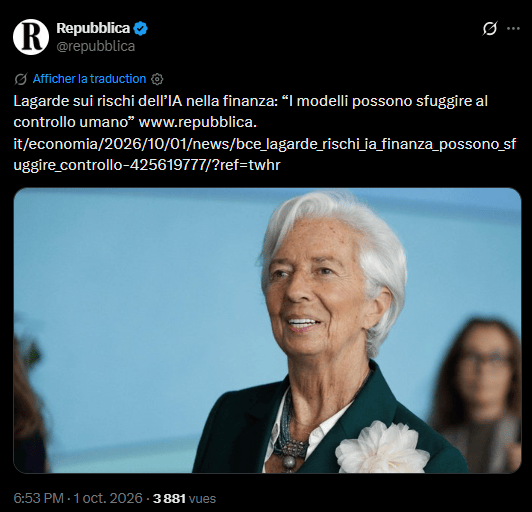 Christine Lagarde réclame une supervision des agents d'intelligence artificielle qui s'installent dans la finance européenne. La présidente de la Banque centrale européenne redoute des programmes capables de passer des ordres sans validation humaine et d'amplifier le moindre choc de marché.
Pendant ce temps, ces mêmes agents règlent déjà leurs achats entre eux en stablecoins, sur des rails que la BCE ne contrôle pas.