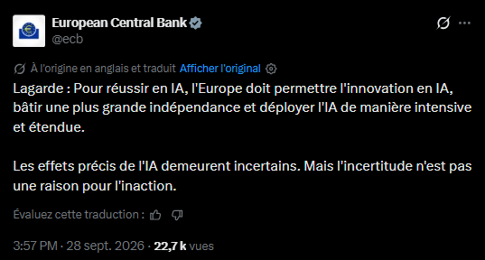 Christine Lagarde réclame une supervision des agents d'intelligence artificielle qui s'installent dans la finance européenne. La présidente de la Banque centrale européenne redoute des programmes capables de passer des ordres sans validation humaine et d'amplifier le moindre choc de marché.
Pendant ce temps, ces mêmes agents règlent déjà leurs achats entre eux en stablecoins, sur des rails que la BCE ne contrôle pas.